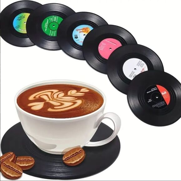 Retro Mini Vinyl Record Coaster Set of Six Trendy Preppy Music Album New - Picture 3 of 4